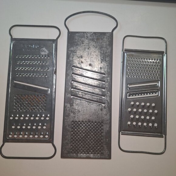 Flat Grater Shred Lot Three Bromco Esko Bluffton Slaw Cutter USA Metal Vintage - Picture 1 of 14